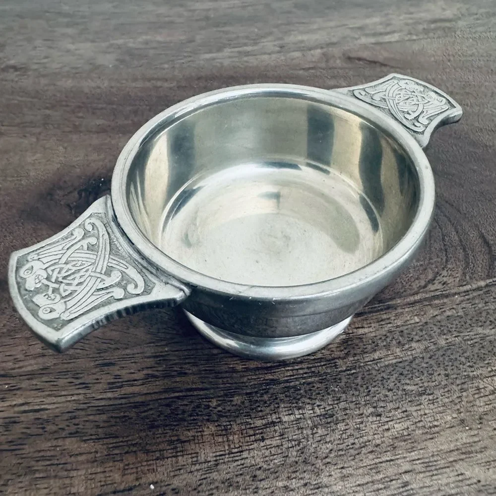 Vintage Silver Pewter Dragon Engraved Wine Tasting Cup